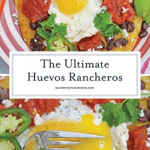 Huevos Rancheros are a great way to spice up your breakfast. Lacey eggs with a runny yolk over warm corn tortillas, chunky salsa, black beans, cilantro and queso fresco. #huevosrancheros www.savoryexperiments.com