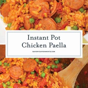 Instant Pot Chicken Paella is based off the traditional Spanish dish. Flavorful & ready in just minutes, this will be your go-to chicken and rice recipe. #chickenpaella #instantpotchickenrecipes #chickenandricerecipe www.savoryexperiments.com