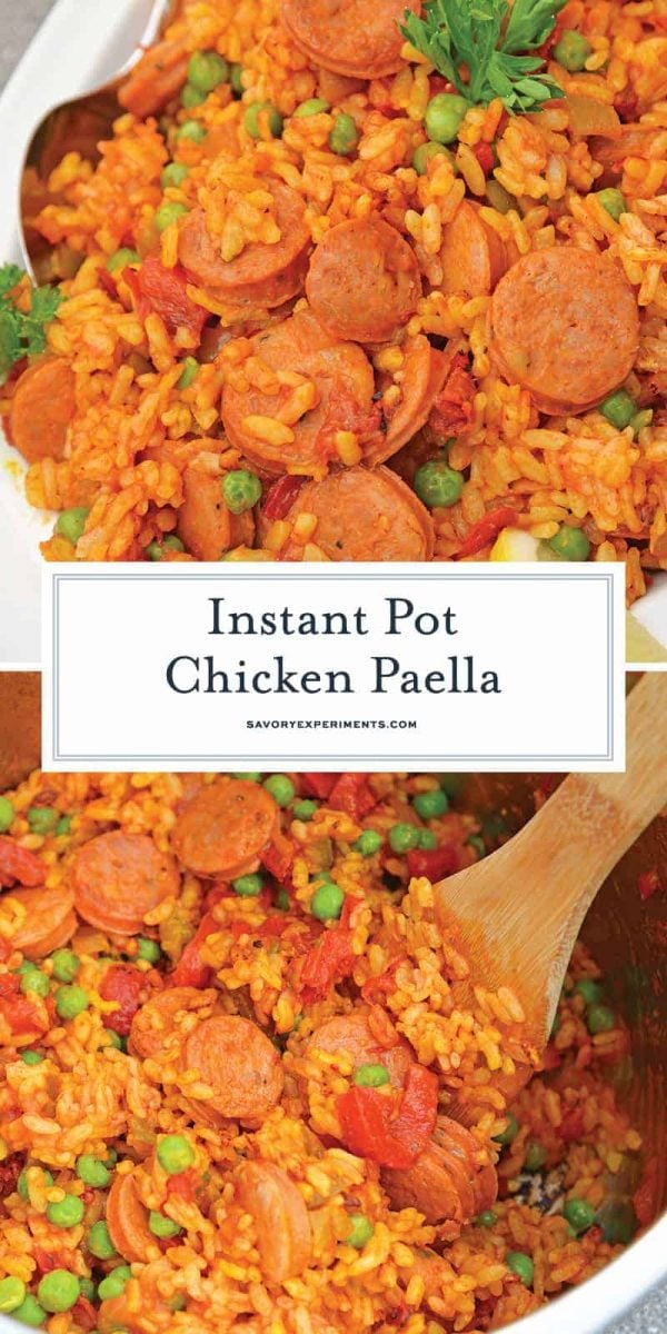 Instant Pot Chicken Paella is based off the traditional Spanish dish. Flavorful & ready in just minutes, this will be your go-to chicken and rice recipe. #chickenpaella #instantpotchickenrecipes #chickenandricerecipe www.savoryexperiments.com