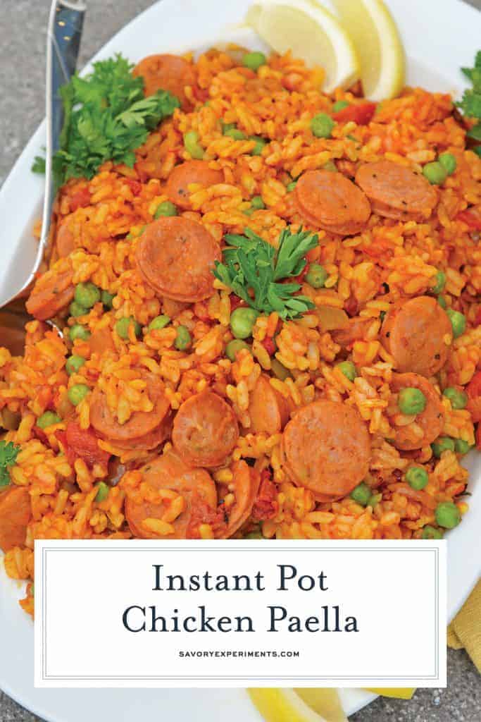 Instant Pot Chicken Paella is based off the traditional Spanish dish. Flavorful & ready in just minutes, this will be your go-to chicken and rice recipe. #chickenpaella #instantpotchickenrecipes #chickenandricerecipe www.savoryexperiments.com