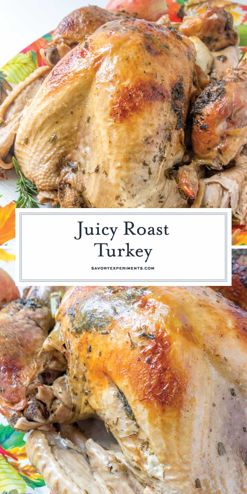 Juicy Roast Turkey is easier than you think with my buttery recipe, a bottle of bubbles and fresh herbs. The best juicy turkey recipe ever! #juicyroastturkey #bestturkeyrecipe #thanksgivingturkey www.savoryexperiments.com