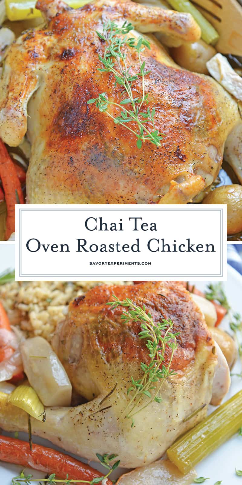 Chai Tea Oven Roasted Chicken is a baked whole chicken rubbed with spiced herb butter, root vegetables and the earthy fall flavors of Chai tea. #ovenroastedchicken #howtoroastawholechicken www.savoryexperiments.com 