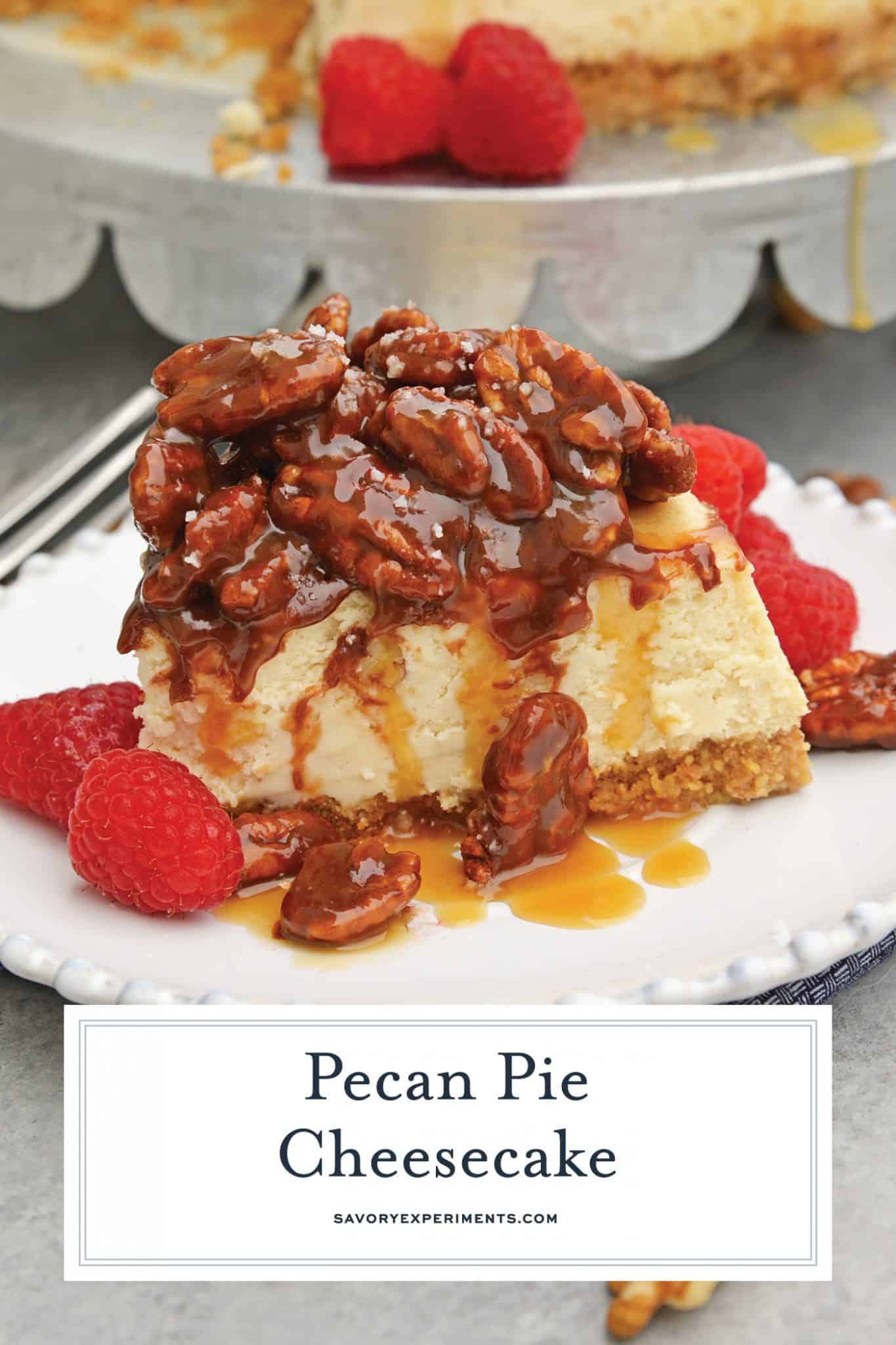 angled shot of slice of pecan pie cheesecake with text overlay