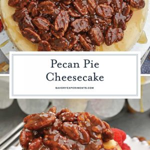 Pecan Pie Cheesecake is the perfect combination of two classic desserts - chocolate pecan pie and cheesecake. You'll want this on your holiday dessert menu! #chocolatepecanpie #pecanpiecheesecake #bestcheesecakerecipe www.savoryexperiments.com