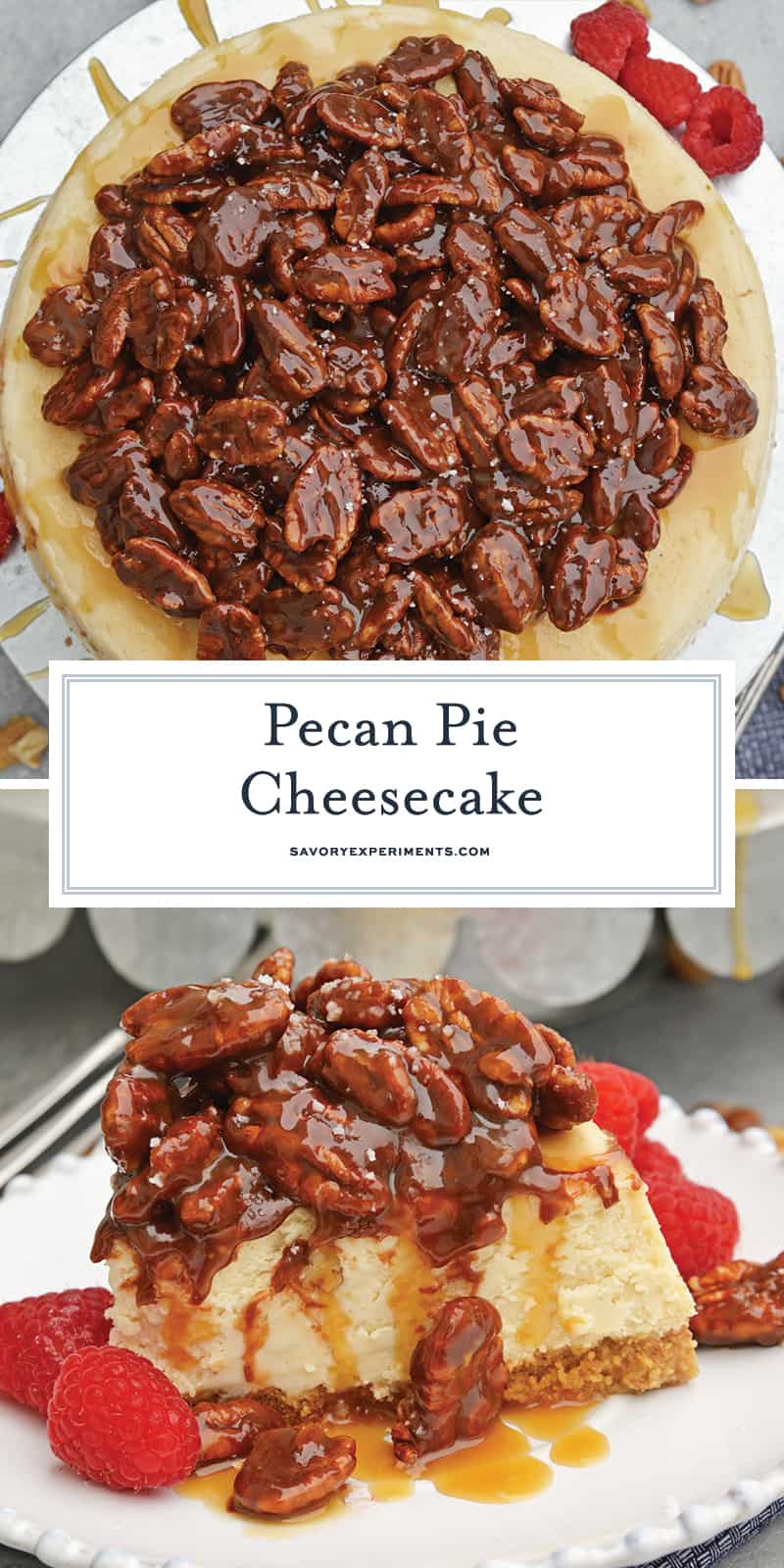 Pecan Pie Cheesecake is the perfect combination of two classic desserts - chocolate pecan pie and cheesecake. You'll want this on your holiday dessert menu! #chocolatepecanpie #pecanpiecheesecake #bestcheesecakerecipe www.savoryexperiments.com