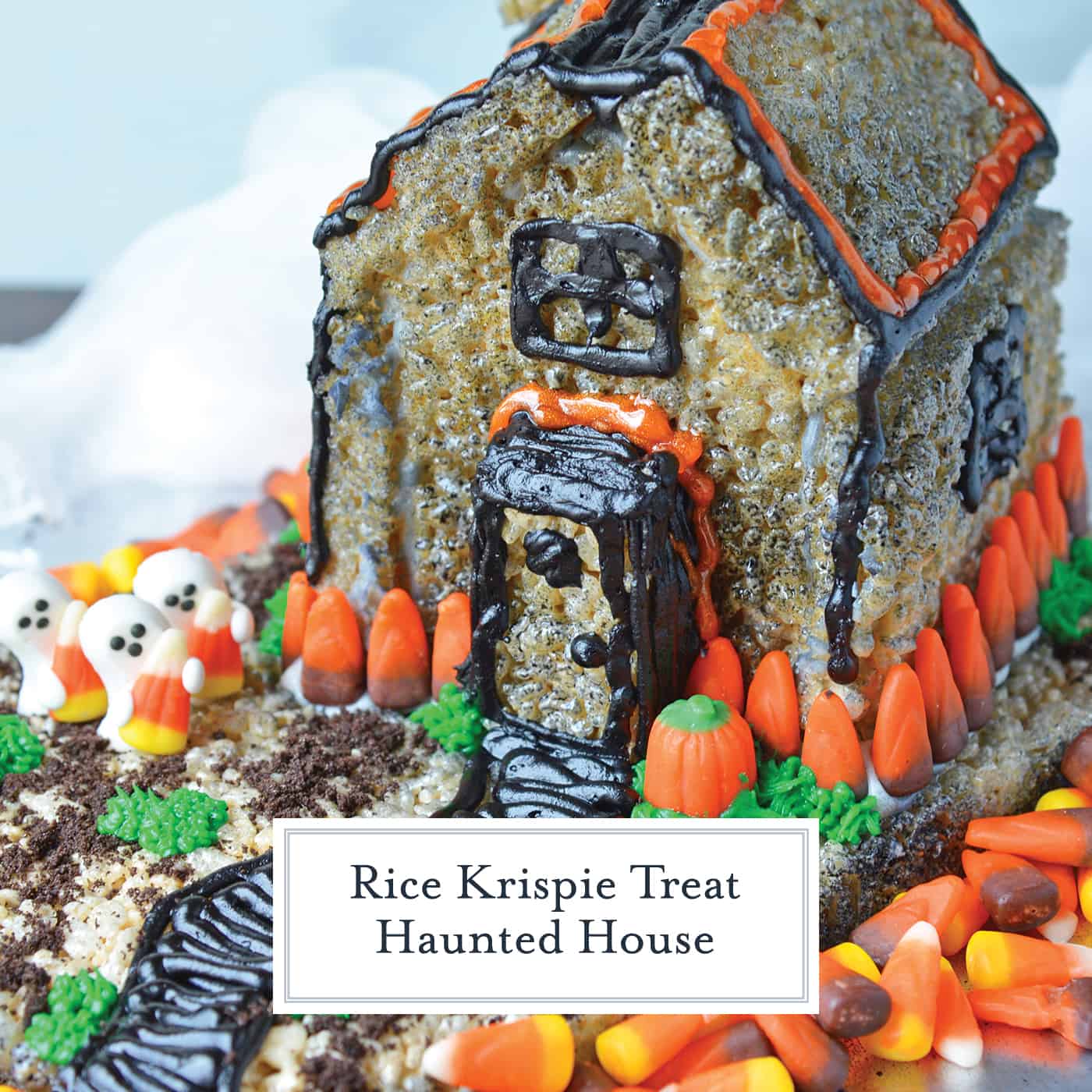 angled shot of rice krispie treat haunted house with text overlay for facebook