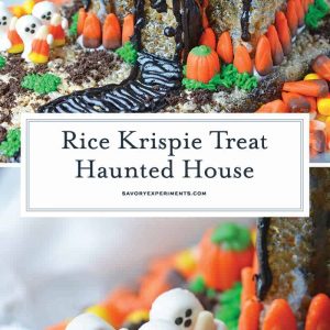 collage of rice krispie treat haunted house for pinterest