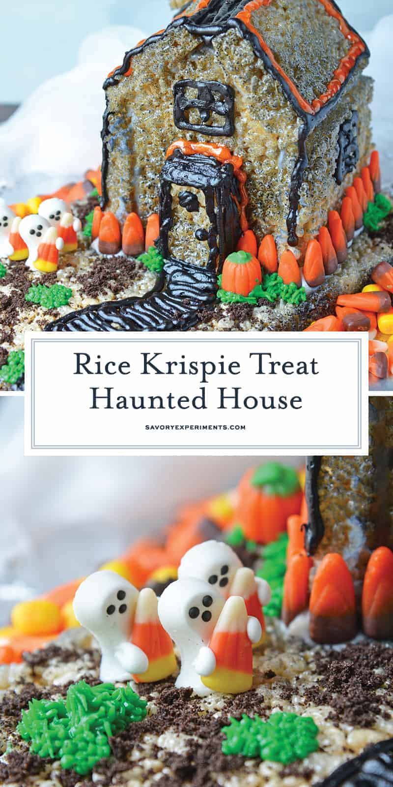 collage of rice krispie treat haunted house for pinterest