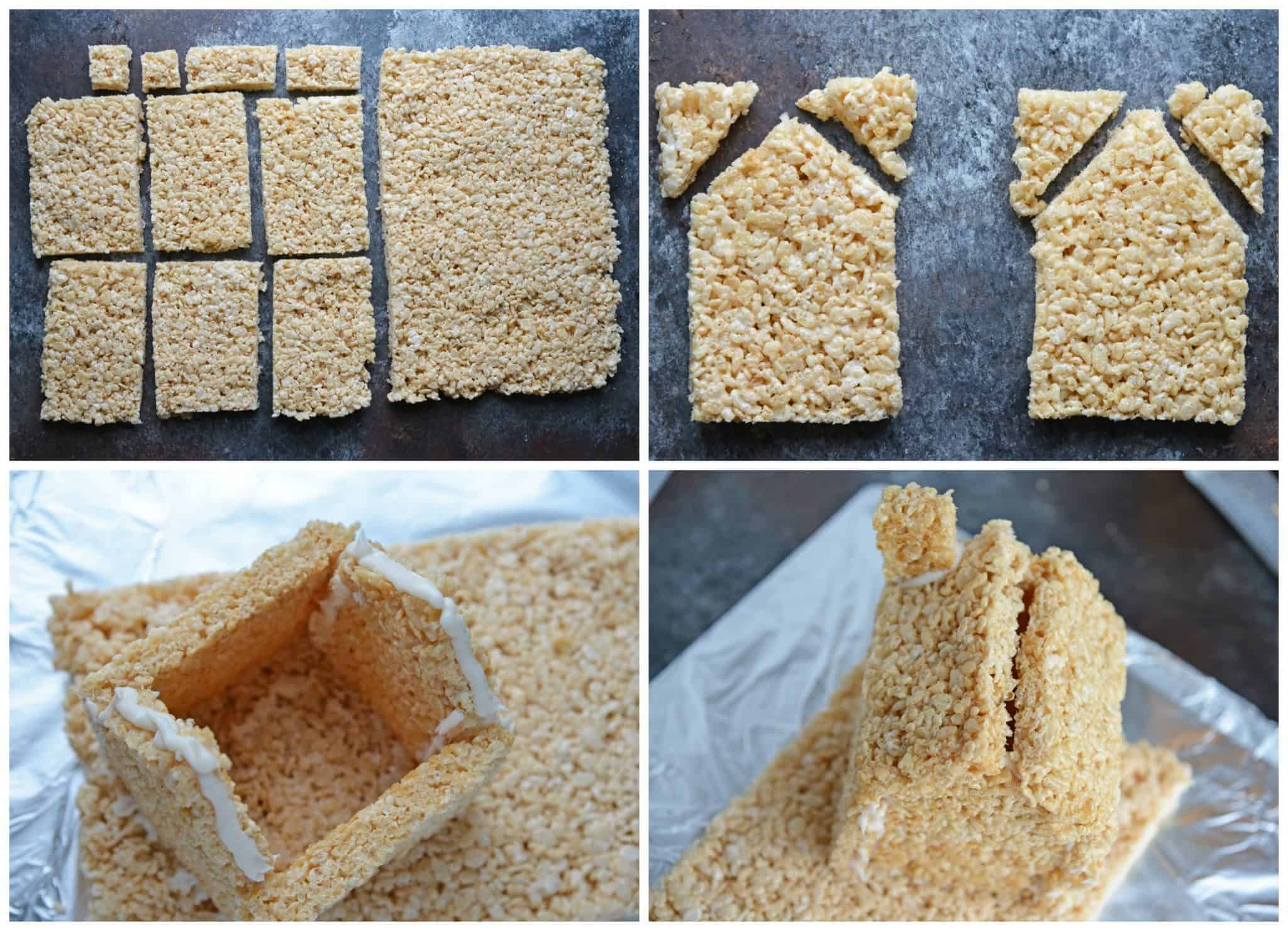 collage of how to make rice krispie treat house