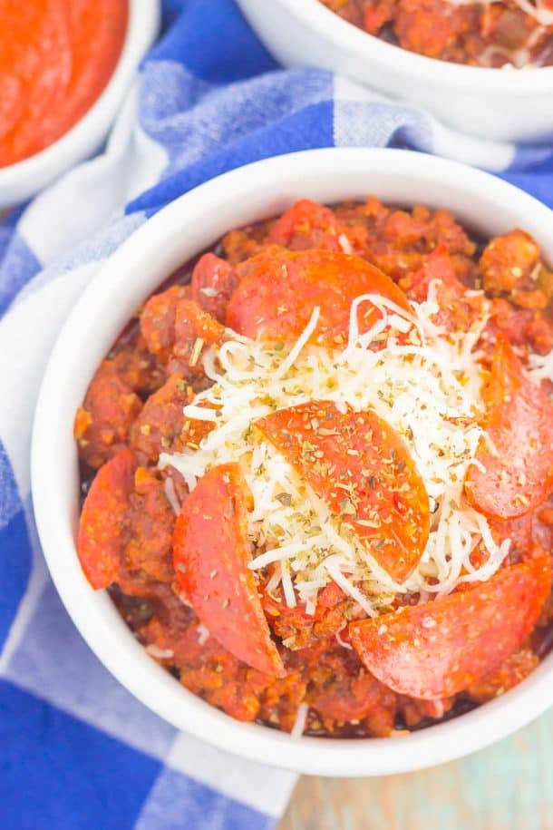 Pizza chili in a white bowl