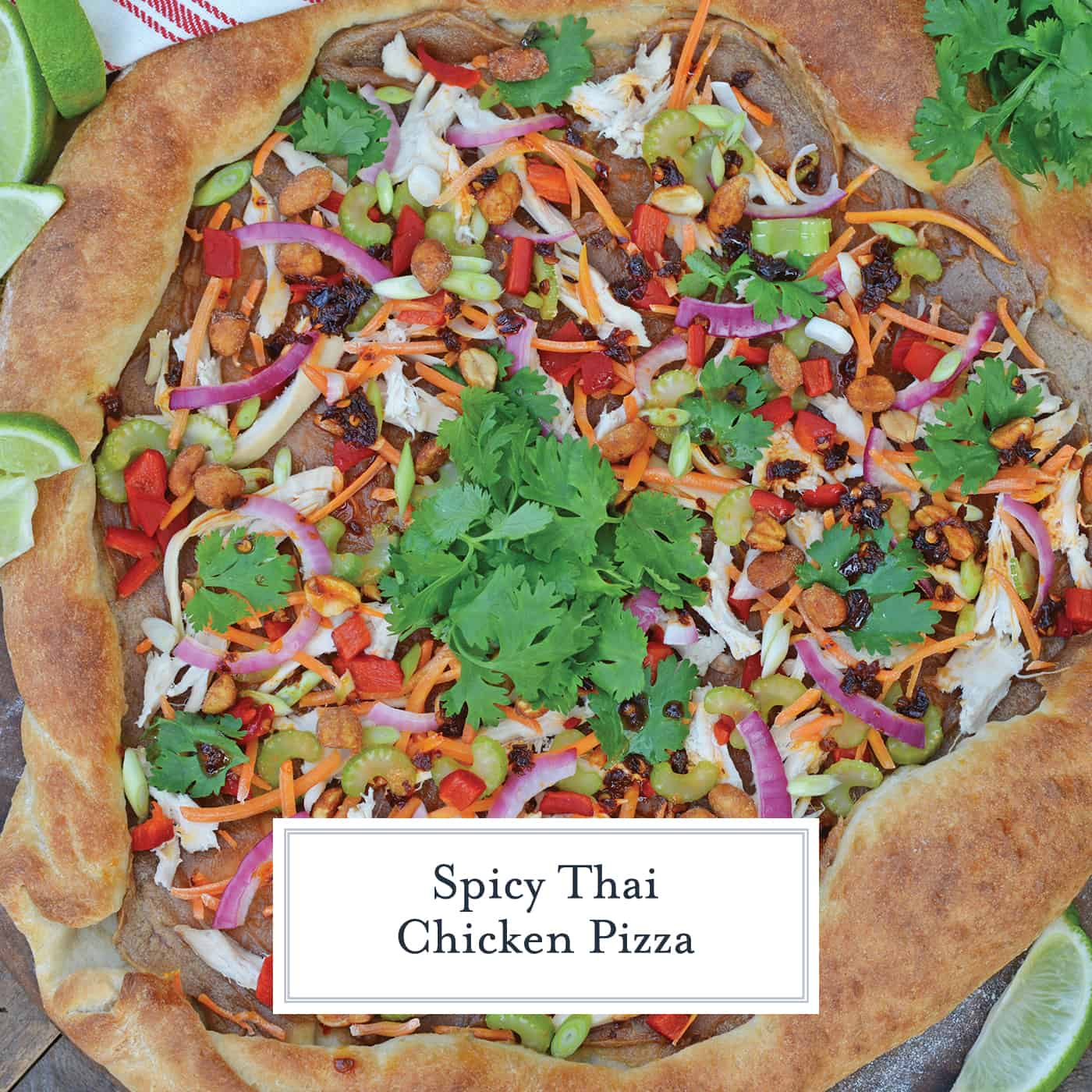 Spicy Thai Chicken Pizza uses a rich peanut satay sauce with shredded chicken, colorful vegetables and topped with sweet honey roasted peanuts and spicy chili oil. #thaichicken #homemadepizza www.savoryexperiments.com 