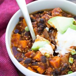 Sweet potato chili in a white bowl