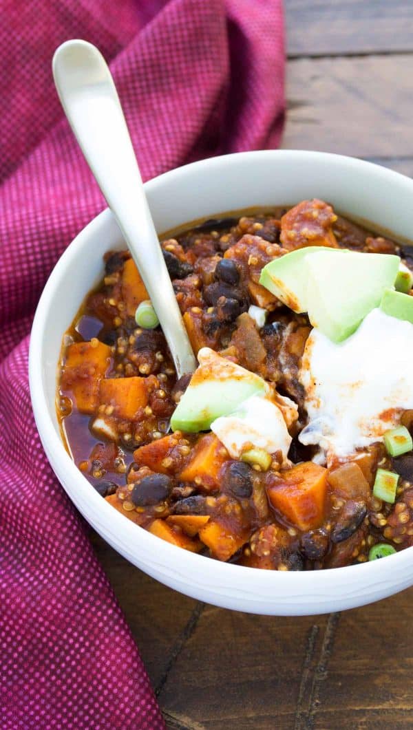 Sweet potato chili in a white bowl