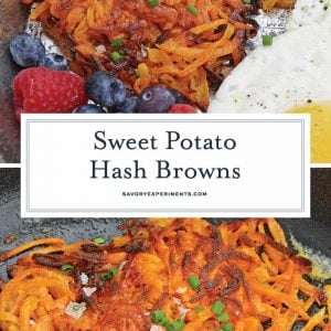 Sweet Potato Hash Browns are a simple breakfast recipe made with shredded sweet potatoes. Only 3 ingredients and a few minutes to cook! #sweetpotatohashbrowns #shreddedsweetpotatoes www.savoryexperiments.com