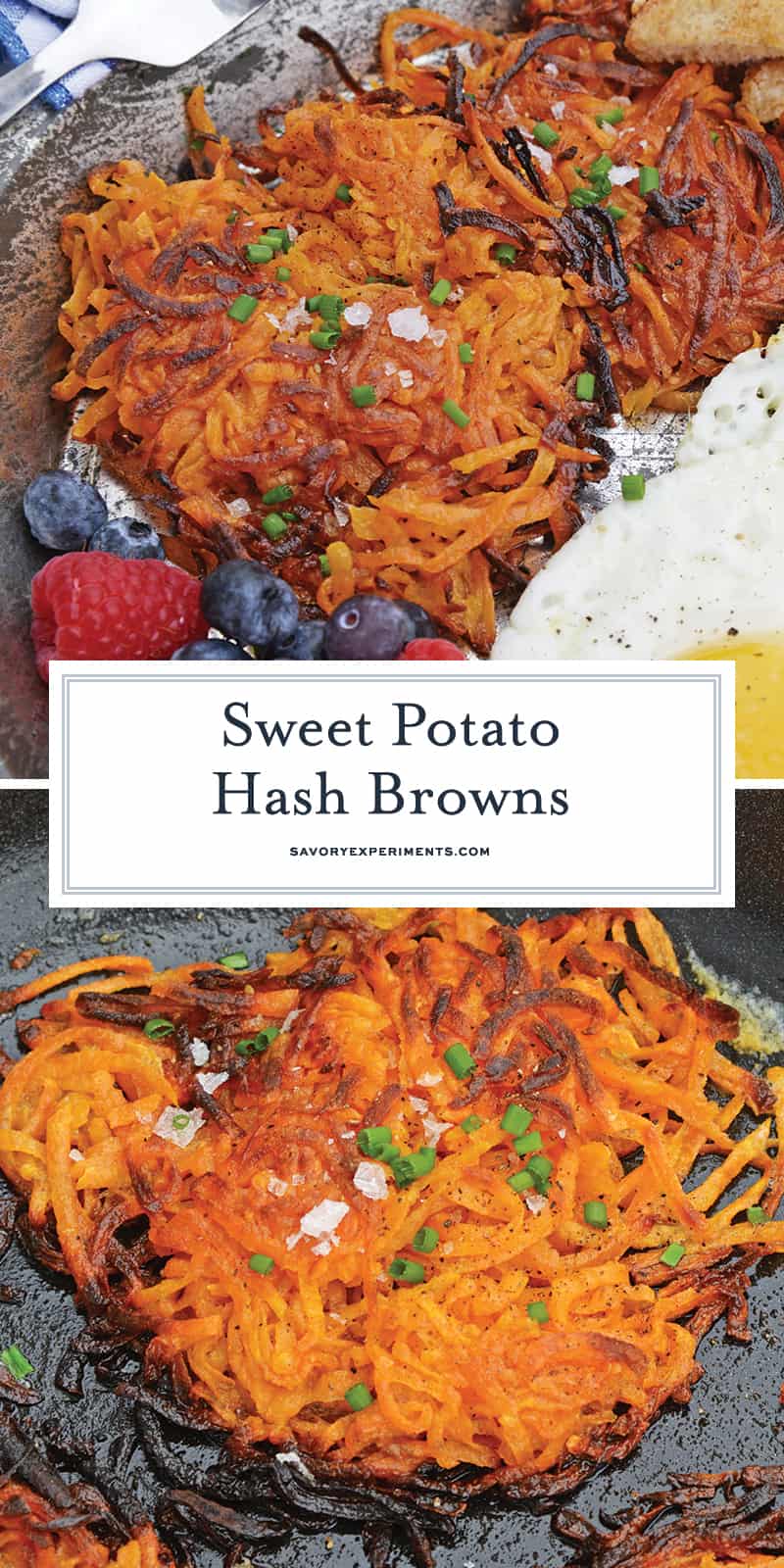 Sweet Potato Hash Browns are a simple breakfast recipe made with shredded sweet potatoes. Only 3 ingredients and a few minutes to cook! #sweetpotatohashbrowns #shreddedsweetpotatoes www.savoryexperiments.com