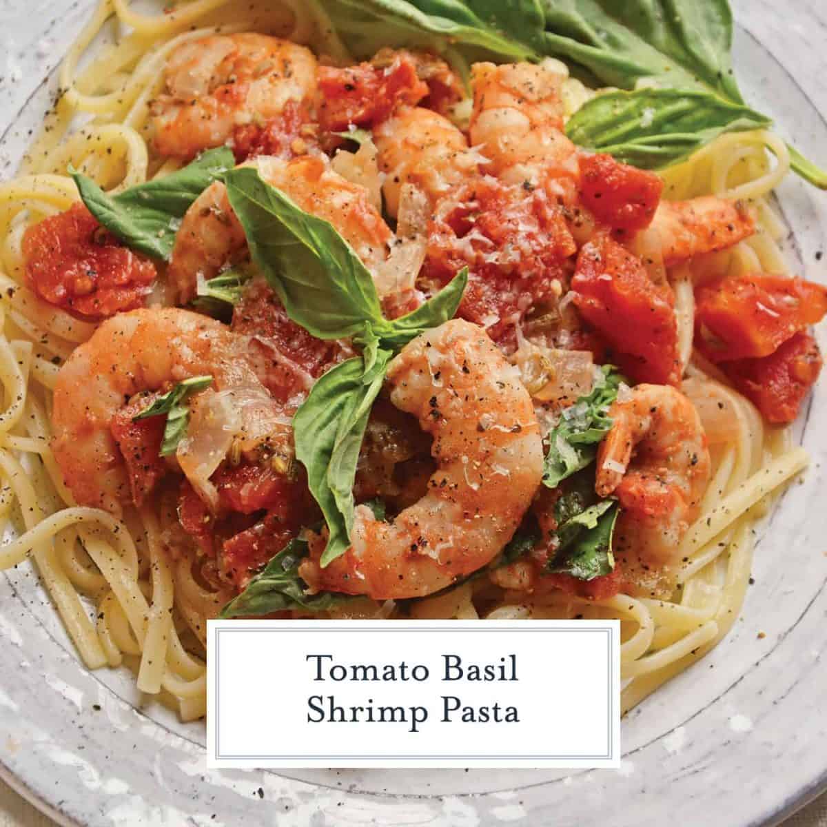 Tomato Basil Shrimp Pasta is an easy and healthy shrimp pasta recipe. It's great for busy weeknights but full of flavor and sure to impress guests! #shrimppasta #shrimpmeals #shrimppastarecipe www.savoryexperiments.com