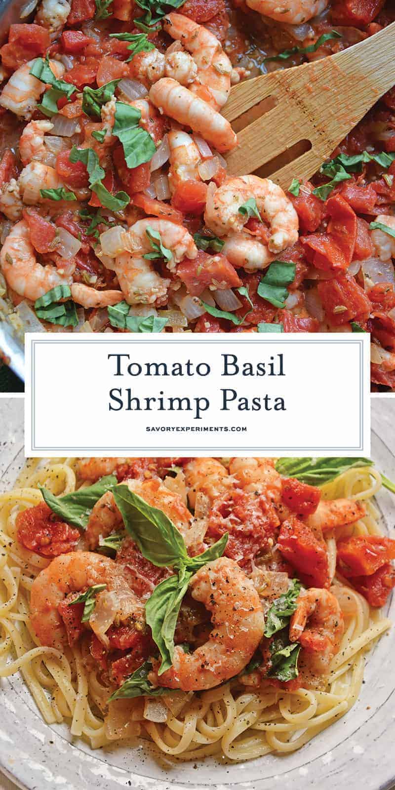 Tomato Basil Shrimp Pasta is an easy and healthy shrimp pasta recipe. It's great for busy weeknights but full of flavor and sure to impress guests! #shrimppasta #shrimpmeals #shrimppastarecipe www.savoryexperiments.com