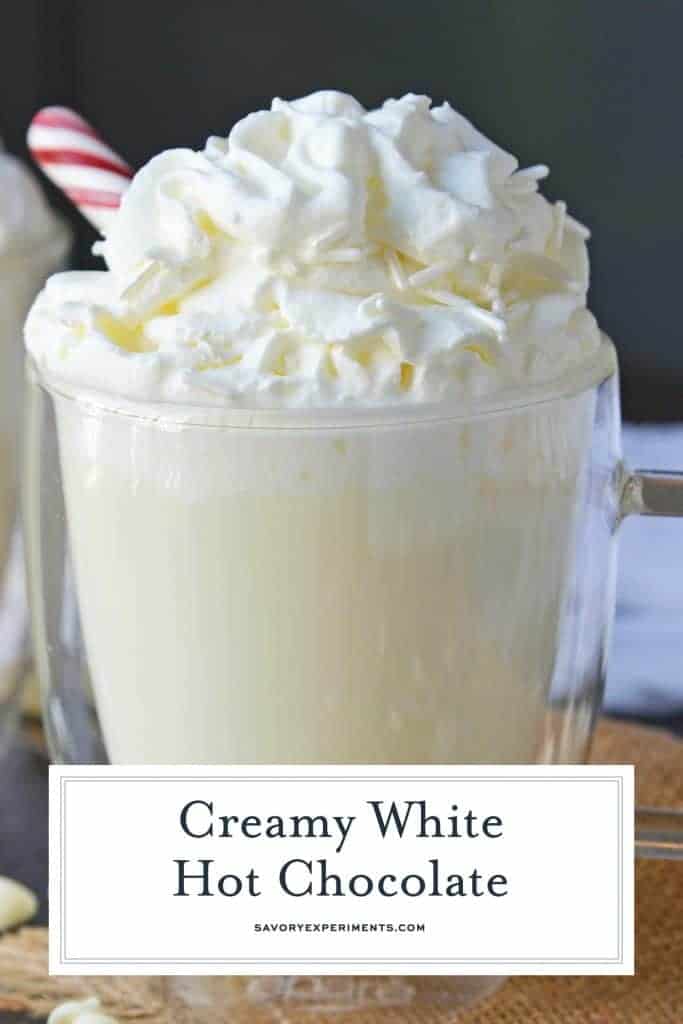 Creamy White Hot Chocolate with whipped cream and sprinkles. 