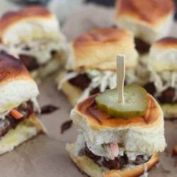 Barbecue bacon meatball slider topped with a pickle