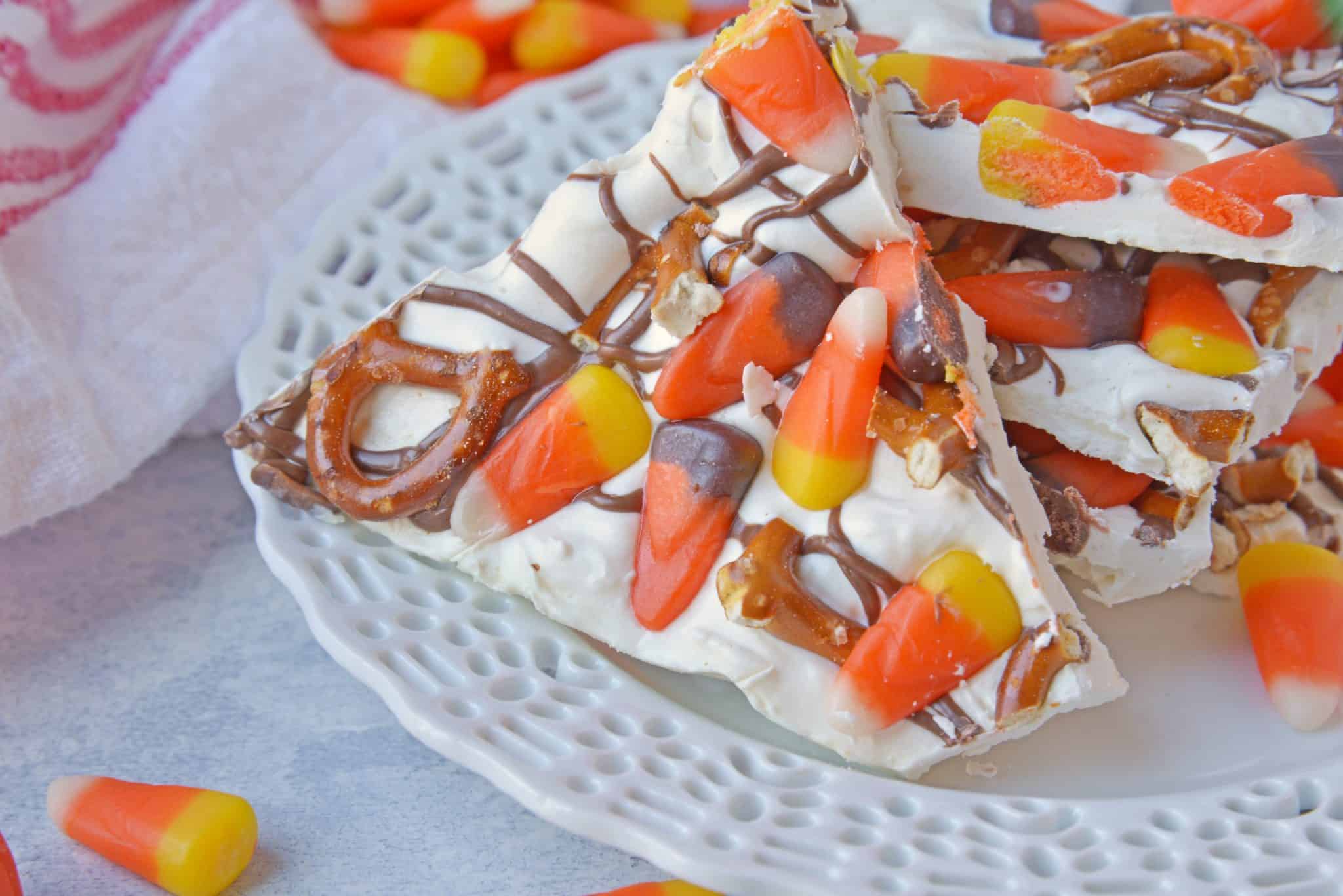 Halloween bark on a white plate
