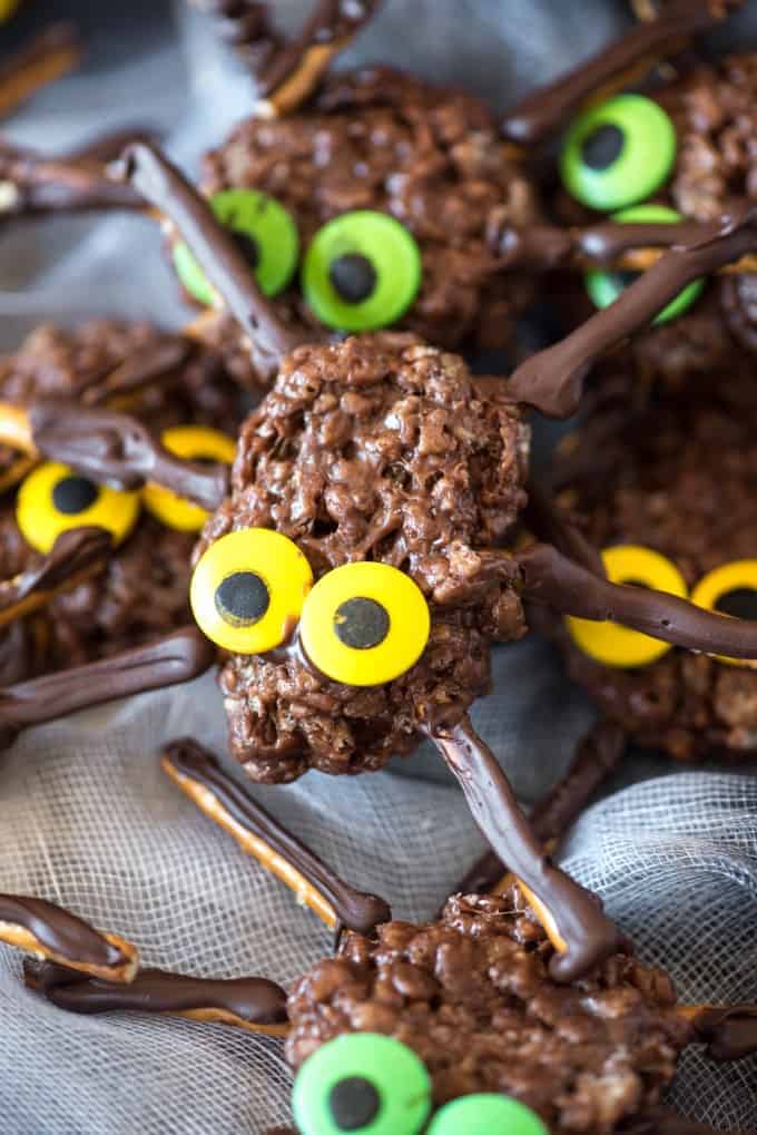 Rice krispie treat spider with yellow eyes