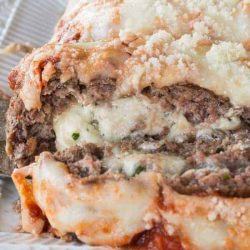 Lasagna stuffed meatloaf on a plate