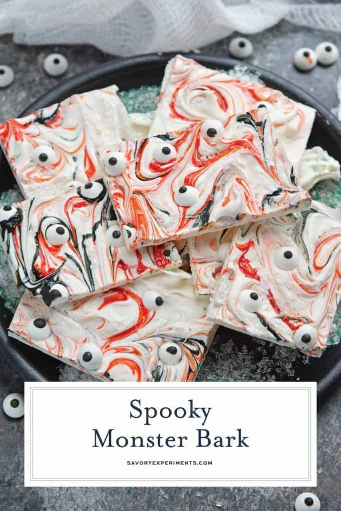 Monster Bark is a quick and easy Halloween treat made with candy eyeballs. Always a hit with kids, it's the perfect Halloween dessert for any party! #monsterbark #howtomakechocolatebark #candyeyeballs www.savoryexperiments.com