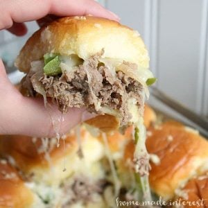 Close up of philly cheesesteak slider
