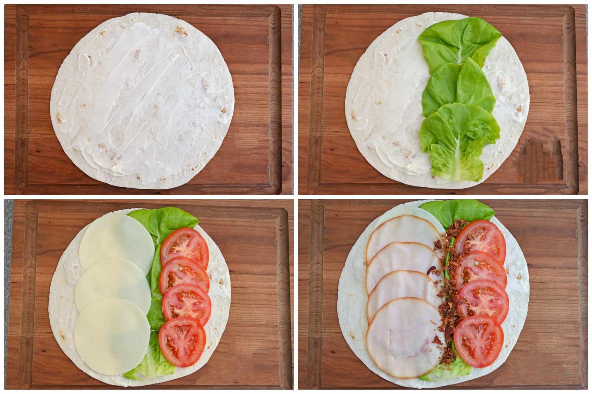 Turkey Club Sandwich Pinwheels use the traditional club sandwich ingredients, but wrap them in a tortilla. Easy to make, eat and clean up! #clubsandwichrecipe #turkeyclub #howtomakepinwheels www.savoryexperiments.com