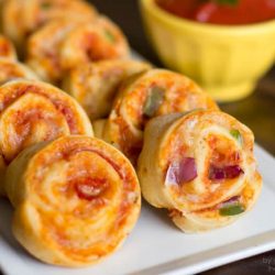 Pizza pinwheel recipes on a white tray