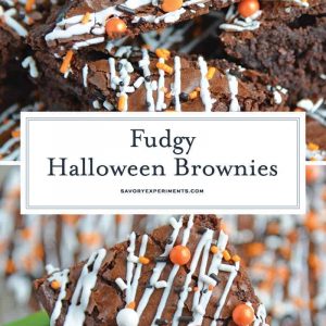 Halloween Brownies are a quick and easy Halloween themed dessert made with box brownie mix, cookie icing and sprinkles. An easy Halloween dessert! #halloweenbrownies #halloweenthemeddesserts #browniemix www.savoryexperiments.com