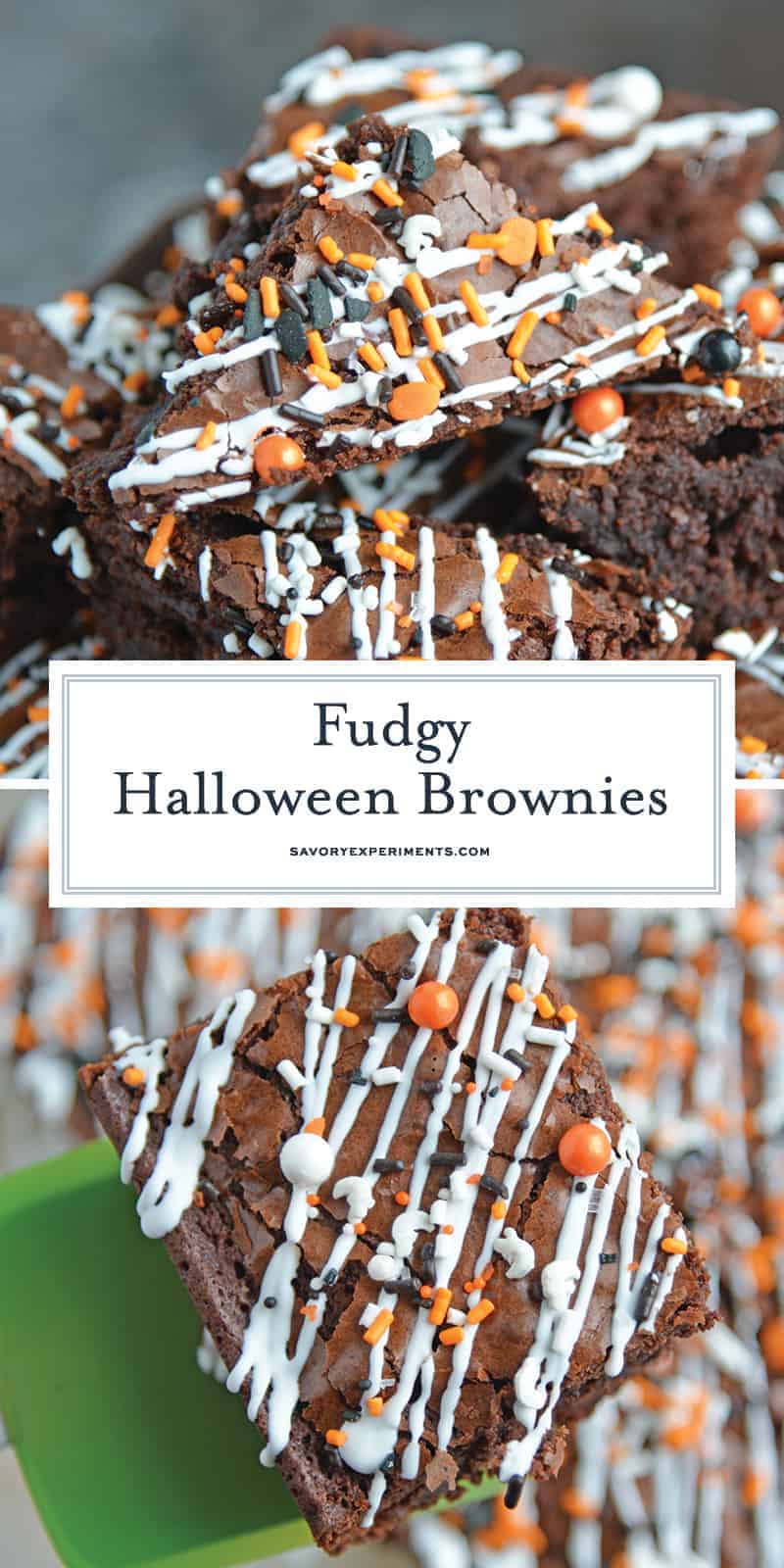Halloween Brownies are a quick and easy Halloween themed dessert made with box brownie mix, cookie icing and sprinkles. An easy Halloween dessert! #halloweenbrownies #halloweenthemeddesserts #browniemix www.savoryexperiments.com