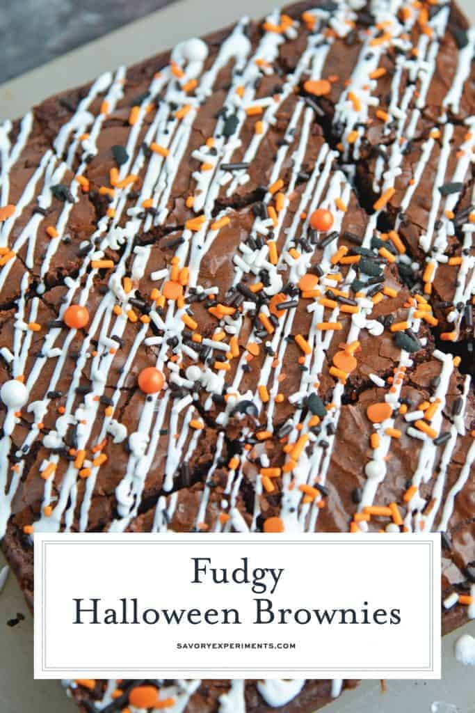 Halloween Brownies are a quick and easy Halloween themed dessert made with box brownie mix, cookie icing and sprinkles. An easy Halloween dessert! #halloweenbrownies #halloweenthemeddesserts #browniemix www.savoryexperiments.com