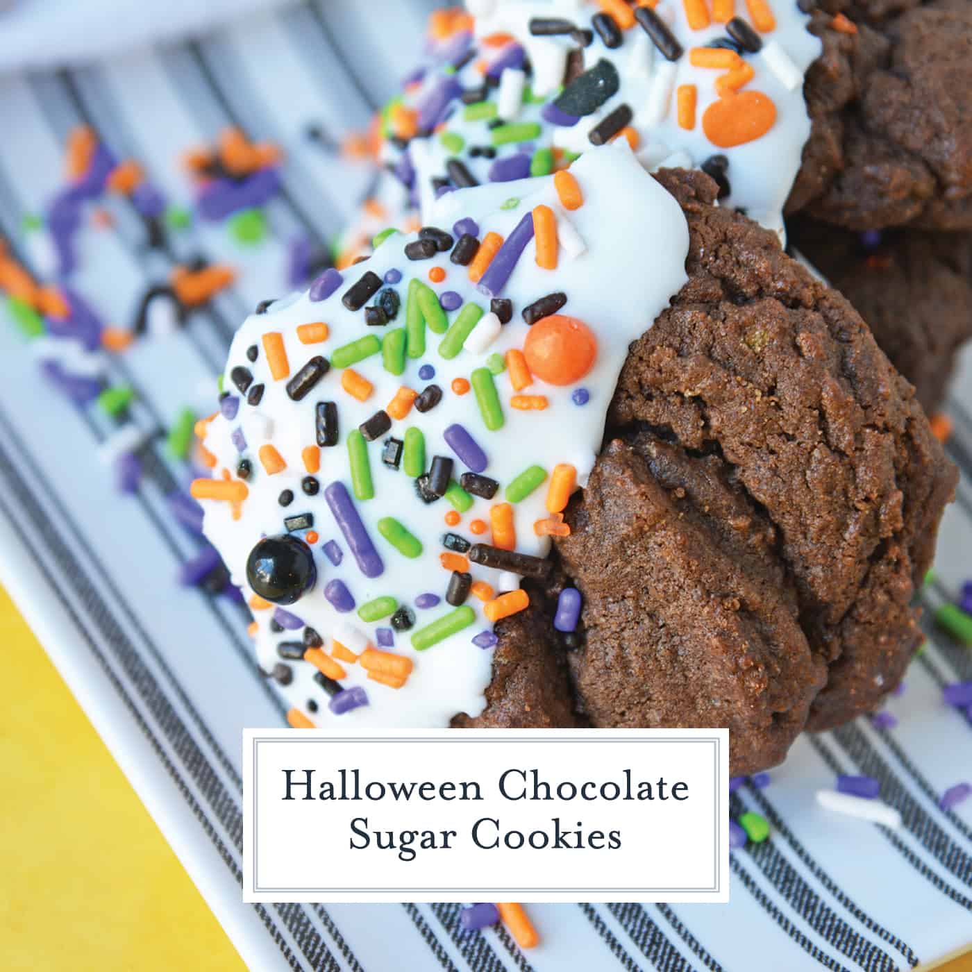 Halloween Chocolate Sugar Cookies combine soft sugar cookies with a delicious chocolate flavor, cookie icing and sprinkles for an easy Halloween dessert! #halloweencookies #chocolatesugarcookies #halloweendesserts www.savoryexperiments.com 