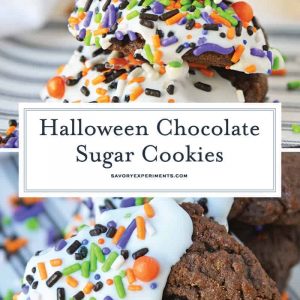 Halloween Chocolate Sugar Cookies combine soft sugar cookies with a delicious chocolate flavor, cookie icing and sprinkles for an easy Halloween dessert! #halloweencookies #chocolatesugarcookies #halloweendesserts www.savoryexperiments.com