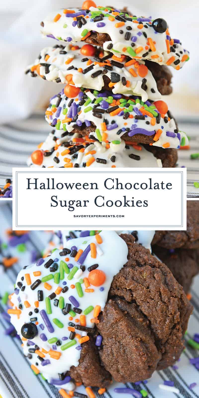 Halloween Chocolate Sugar Cookies combine soft sugar cookies with a delicious chocolate flavor, cookie icing and sprinkles for an easy Halloween dessert! #halloweencookies #chocolatesugarcookies #halloweendesserts www.savoryexperiments.com 