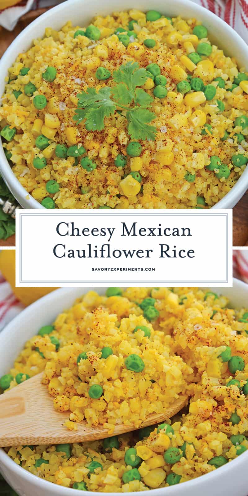 This Mexican Cauliflower Rice recipe is a deliciously easy and cheesy cauliflower rice made with simple ingredients and lots of flavor. #cheesycauliflowerrice #cauliflowerricerecipe #mexicancauliflowerrice www.savoryexperiments.com