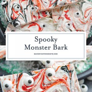 Monster Bark is a quick and easy Halloween treat made with candy eyeballs. Always a hit with kids, it's the perfect Halloween dessert for any party! #monsterbark #howtomakechocolatebark #candyeyeballs www.savoryexperiments.com