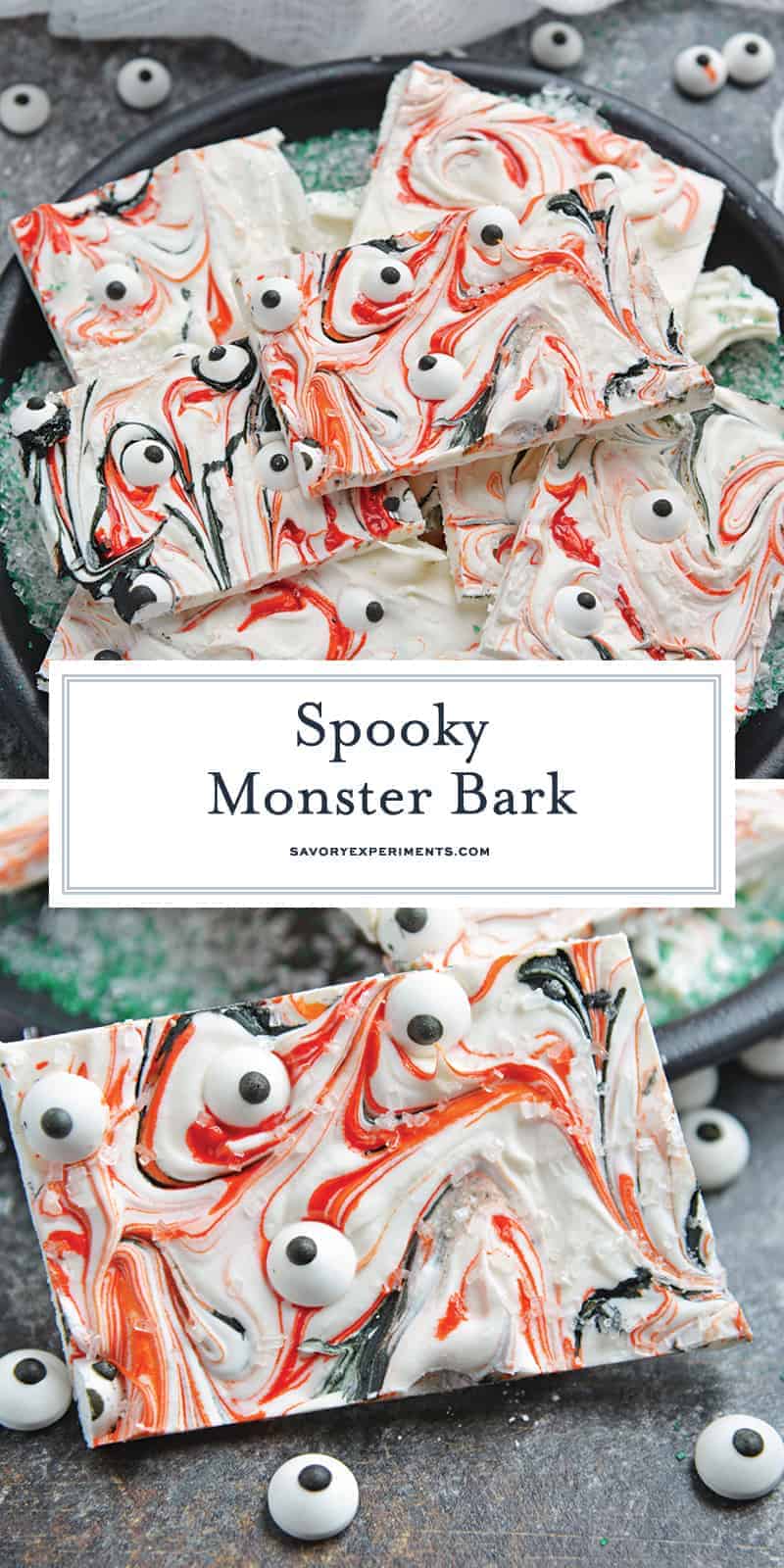 Monster Bark is a quick and easy Halloween treat made with candy eyeballs. Always a hit with kids, it's the perfect Halloween dessert for any party! #monsterbark #howtomakechocolatebark #candyeyeballs www.savoryexperiments.com