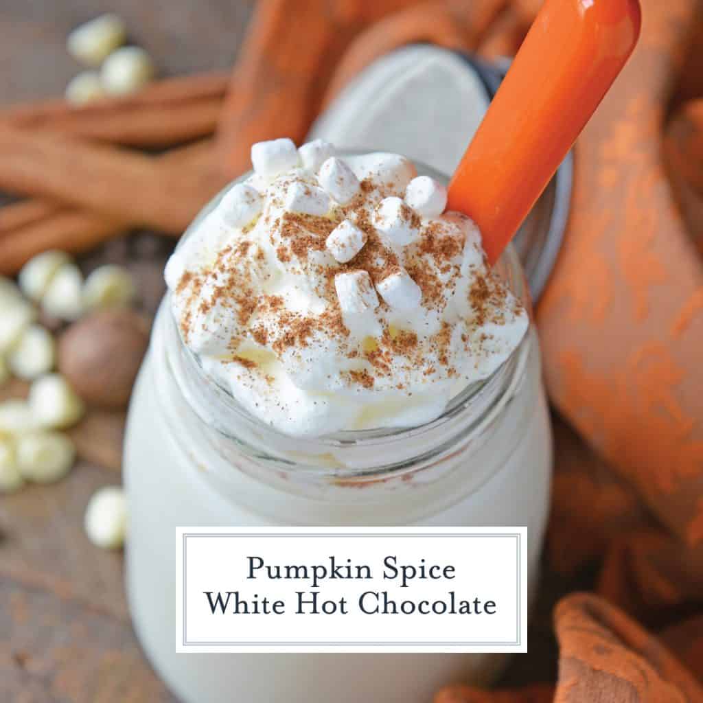 Pumpkin Spice Hot Chocolate is the perfect combination of white hot chocolate and pumpkin pie spice. The best hot chocolate recipe for fall! #pumpkinspicehotchocolate #hotchocolaterecipes #pumpkinpiespice www.savoryexperiments.com