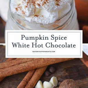 Pumpkin Spice Hot Chocolate is the perfect combination of white hot chocolate and pumpkin pie spice. The best hot chocolate recipe for fall! #pumpkinspicehotchocolate #hotchocolaterecipes #pumpkinpiespice www.savoryexperiments.com