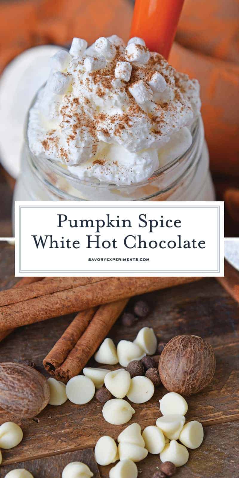 Pumpkin Spice Hot Chocolate is the perfect combination of white hot chocolate and pumpkin pie spice. The best hot chocolate recipe for fall! #pumpkinspicehotchocolate #hotchocolaterecipes #pumpkinpiespice www.savoryexperiments.com