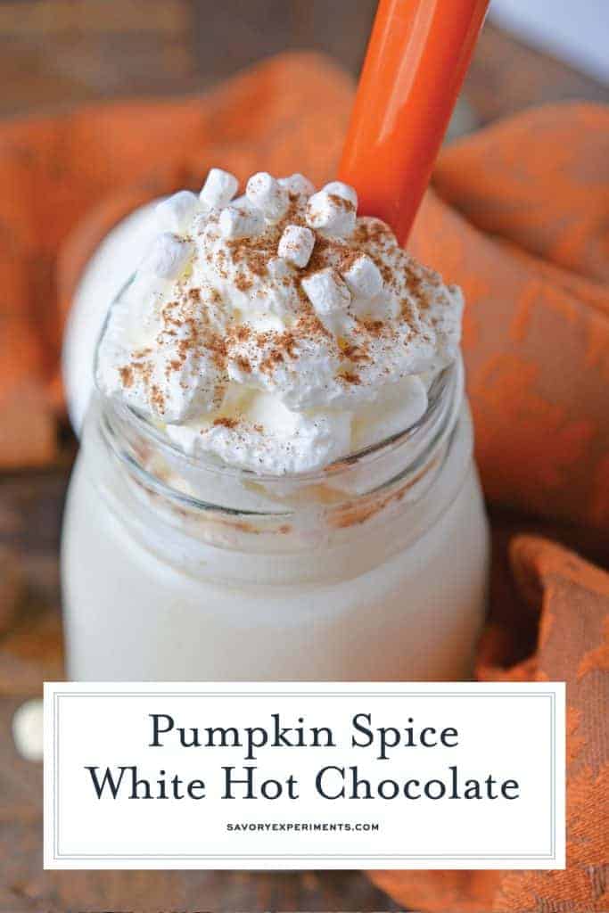 Pumpkin Spice Hot Chocolate is the perfect combination of white hot chocolate and pumpkin pie spice. The best hot chocolate recipe for fall! #pumpkinspicehotchocolate #hotchocolaterecipes #pumpkinpiespice www.savoryexperiments.com