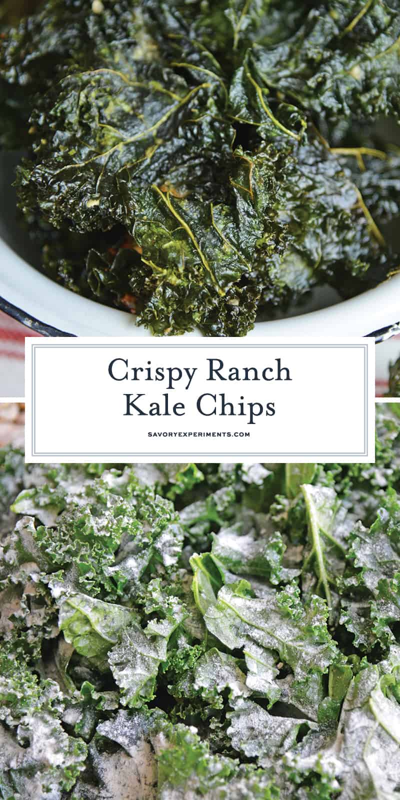 Ranch Kale Chips are a quick and easy 3 ingredient kale chips recipe that offer a tasty and healthy alternative to other chips and snacks. #ranchkalechips #kalechipsrecipe www.savoryexperiments.com