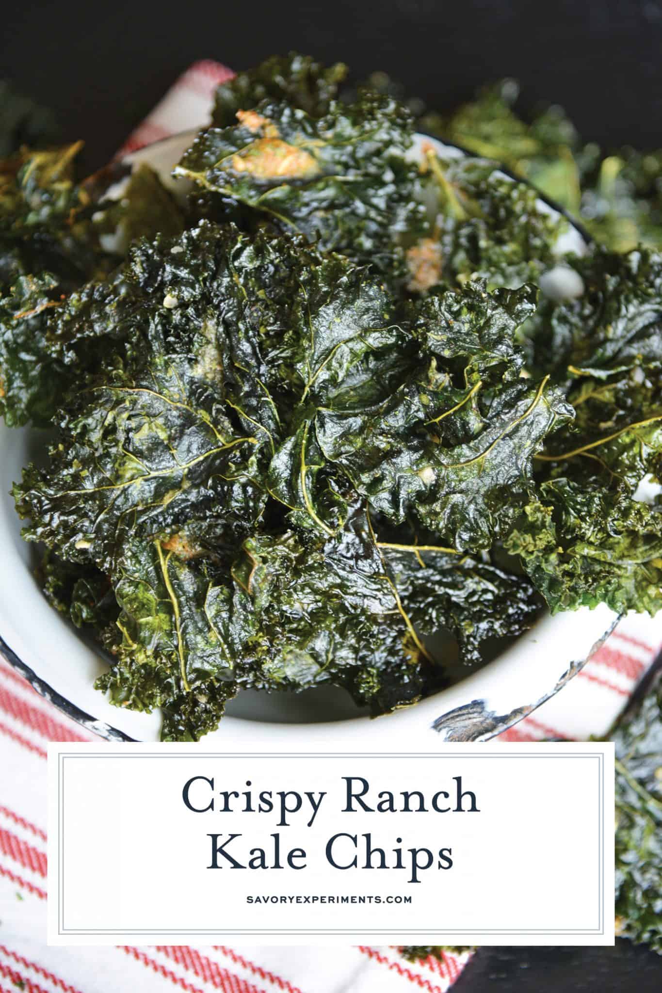 Ranch Kale Chips are a quick and easy 3 ingredient kale chips recipe that offer a tasty and healthy alternative to other chips and snacks. #ranchkalechips #kalechipsrecipe www.savoryexperiments.com