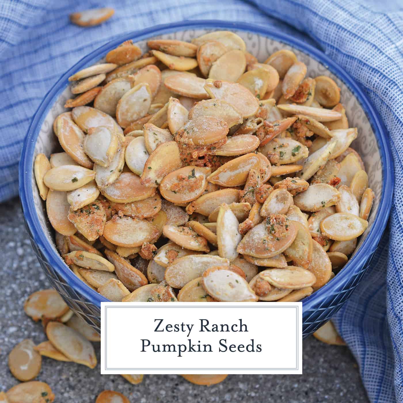 Ranch Pumpkin Seeds take roasted pumpkin seeds to a whole new level. With only 3 ingredients, they're an easy and delicious fall snack! #roastedpumpkinseeds #ranchpumpkinseeds www.savoryexperiments.com