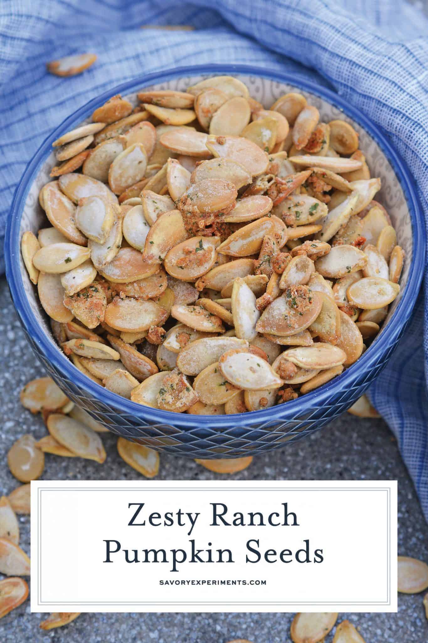 Ranch Pumpkin Seeds take roasted pumpkin seeds to a whole new level. With only 3 ingredients, they're an easy and delicious fall snack! #roastedpumpkinseeds #ranchpumpkinseeds www.savoryexperiments.com