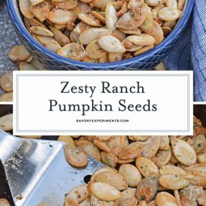 Ranch Pumpkin Seeds take roasted pumpkin seeds to a whole new level. With only 3 ingredients, they're an easy and delicious fall snack! #roastedpumpkinseeds #ranchpumpkinseeds www.savoryexperiments.com