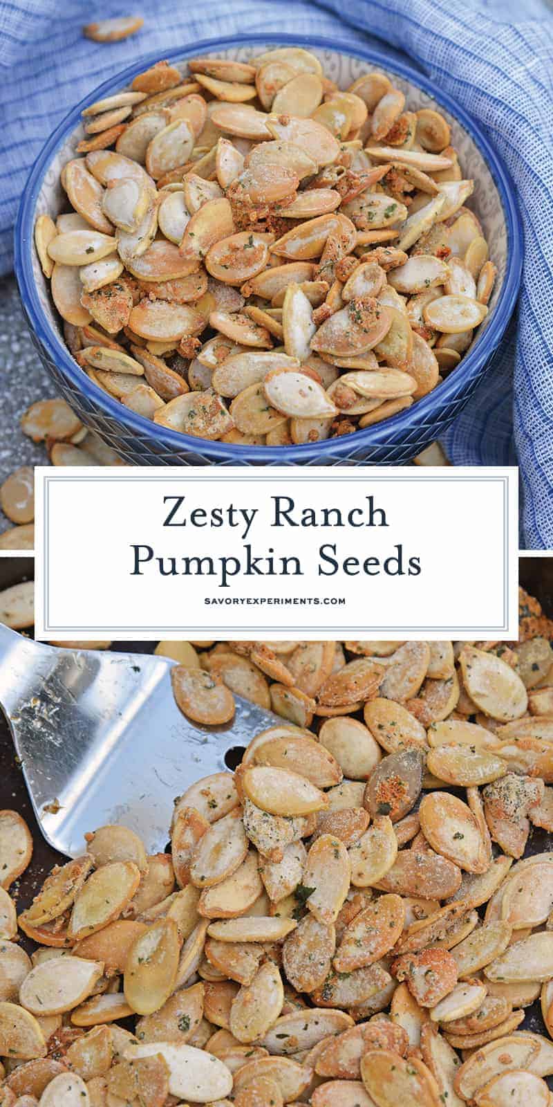 Ranch Pumpkin Seeds take roasted pumpkin seeds to a whole new level. With only 3 ingredients, they're an easy and delicious fall snack! #roastedpumpkinseeds #ranchpumpkinseeds www.savoryexperiments.com