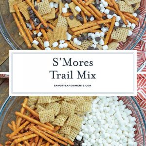 S'mores Trail Mix uses just 5 ingredient to make a sweet, salty and crunchy snack that is perfect for on-the-go and anytime of day! #trailmixrecipes #smoresrecipes www.savoryexperiments.com